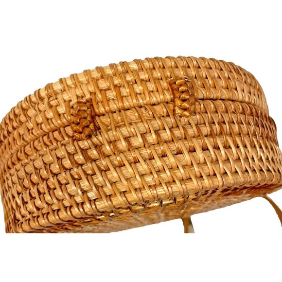 Round Rattan Woven Crossbody 8" Bag Purse Leather Strap& Closure Boho Bali Style - Picture 5 of 7